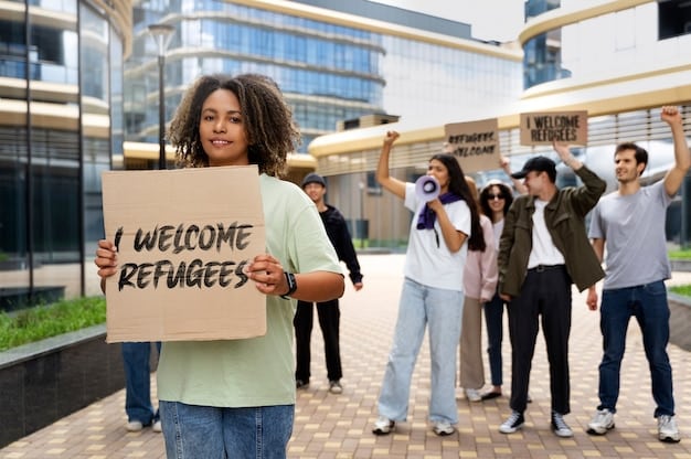 A diverse group of people standing together, holding signs that express their views on immigration policies, representing the wide spectrum of opinions and experiences.