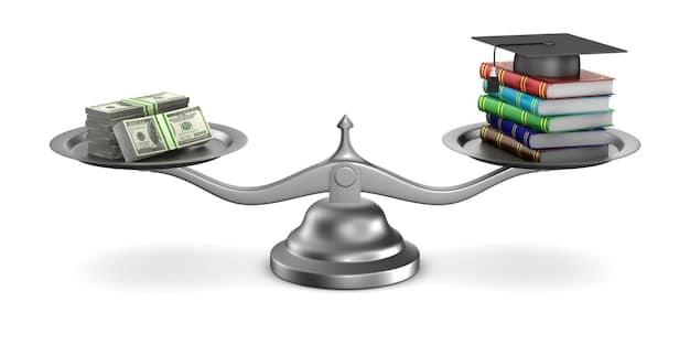 A balanced scale with money and a diploma on each side, representing the balance between financial obligations and educational achievements, symbolizing the purpose of student loan forgiveness programs and income-driven repayment plans.