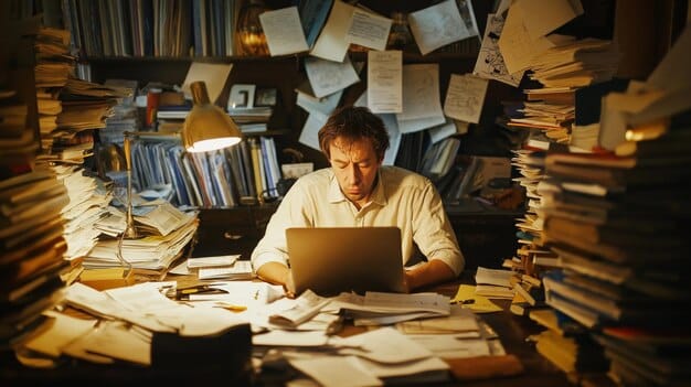 A person working diligently on a laptop, surrounded by papers and documents related to a grant application. The lighting emphasizes focus and determination.