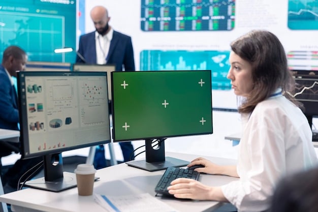An image showing a team of data scientists analyzing complex datasets on large monitors, with charts and graphs displayed on the screens. The environment is modern and data-driven, reflecting the importance of data analysis skills.