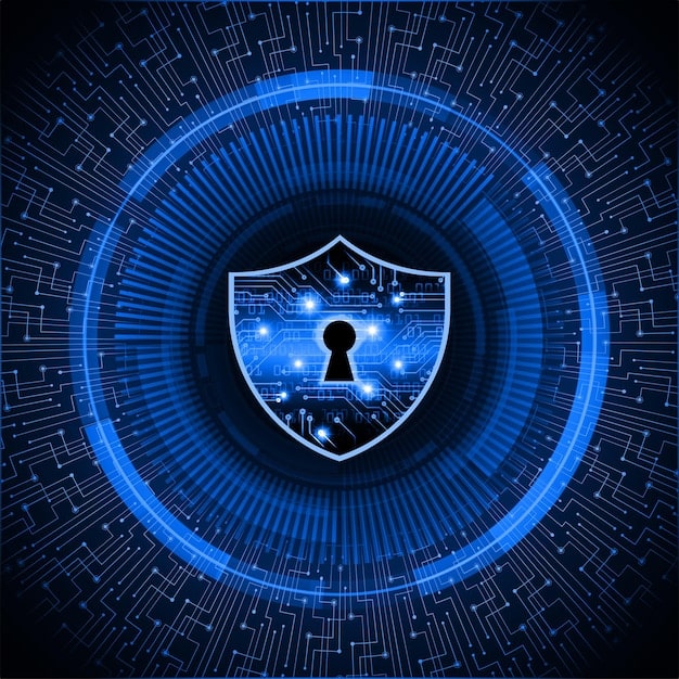 A graphic depicting a shield with a lock symbol inside, surrounded by data streams. The image conveys data protection and security measures. The color scheme is primarily blue and white.