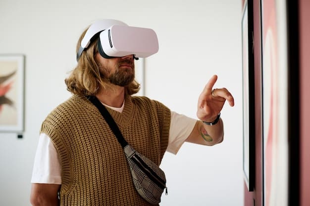 A close-up of a person wearing a VR headset, fully immersed in a Metaverse shopping experience. The individual is reaching out to interact with a virtual product displayed in front of them.