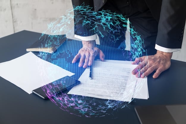 A digital representation of legal documents floating in a virtual space, symbolizing the regulatory challenges faced by companies operating in the Metaverse.
