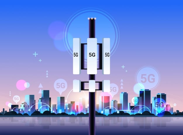 A detailed illustration of a smart street pole equipped with 5G antennas, environmental sensors, and smart lighting controls. The image emphasizes the integration of multiple technologies into a single infrastructure element.