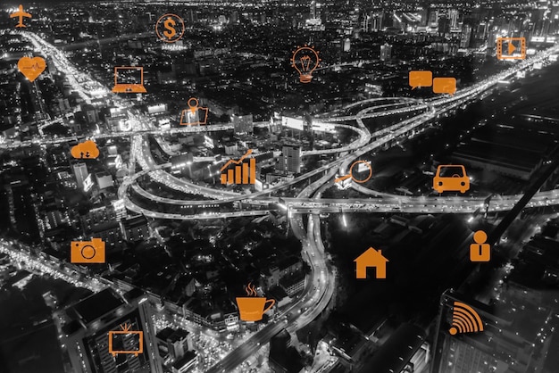 A visual representation of a city map highlighting various IoT applications, including smart traffic management, environmental monitoring, smart waste management, and connected public safety systems. The map emphasizes the comprehensive integration of IoT across different urban sectors.