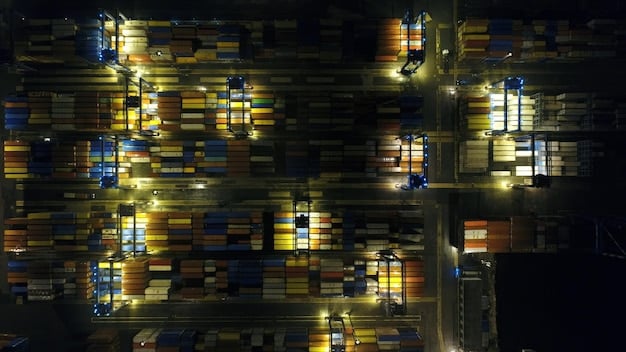 A high-angle shot of shipping containers stacked in a port, with a holographic overlay displaying blockchain data and security layers. This highlights how blockchain can enhance security and tracking in logistics.