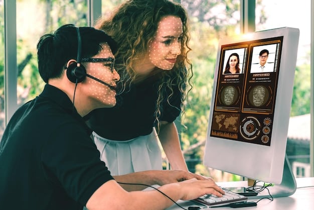A split-screen image showing a traditional call center on one side and an AI-powered virtual assistant interface on the other. The call center side depicts rows of cubicles with people wearing headsets, while the AI side features a clean, modern interface with a chatbot window and data visualizations.