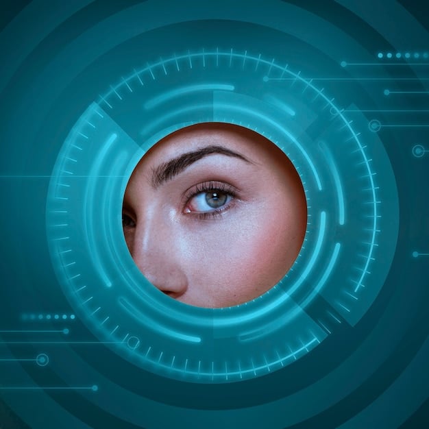 A close-up of a person's eye being scanned for iris recognition, with a digital interface overlay displaying the biometric data being collected. The image should emphasize the precision and technological sophistication of iris scanning.