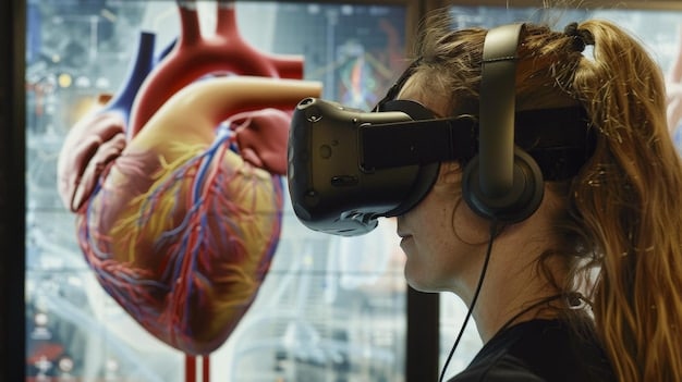 A student wearing an AR headset and interacting with a virtual 3D model of the human heart in a science class. The detailed model hovers in front of them, allowing for exploration of its anatomy.
