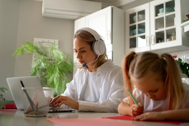 A photo of a student sitting at a table with a laptop, participating in a remote learning session, while a parent looks on, emphasizing the importance of accessible and quality online education.
