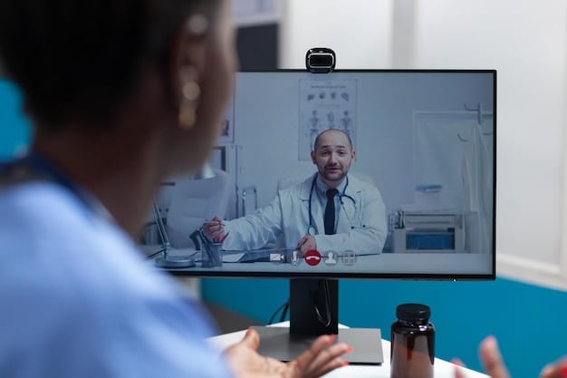 A doctor in a modern office setting, smiling and engaged in a video call with a patient represented on a large screen, showcasing the personal connection facilitated by telemedicine technology.