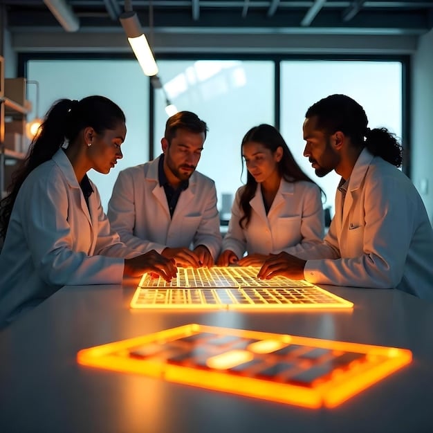 A group of diverse scientists and engineers in a modern laboratory setting, collaborating on a complex tech project, with government funding logos visible on a screen in the background.