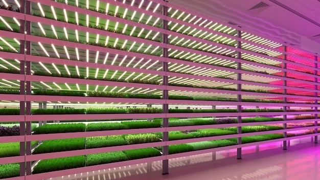 A close-up of a vertical farm with LED lighting, showing rows of leafy greens and herbs growing in a controlled environment. The image highlights the precision and efficiency of vertical farming technology.
