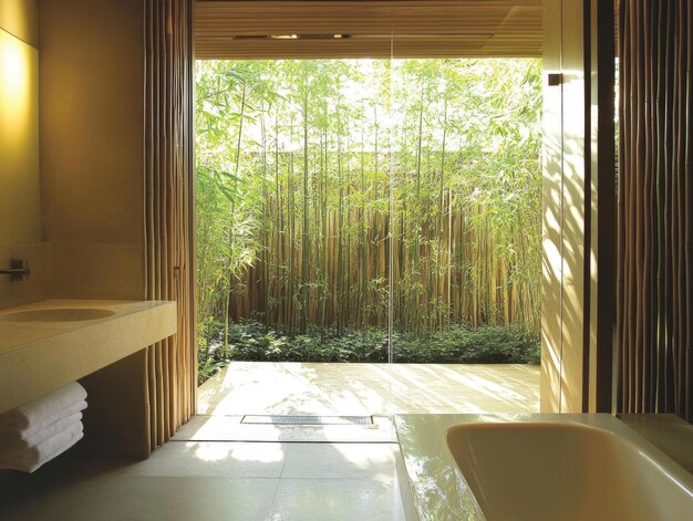 A modern bathroom with a window overlooking a small bamboo garden. The bathroom features natural stone tiles and wooden accents, creating a spa-like atmosphere. The bamboo provides privacy and a calming green view.