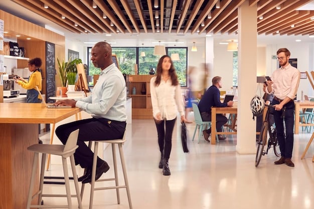 A diverse group of professionals working collaboratively in a modern, well-lit coworking space within a suburban office park. The scene should convey a sense of community and productivity.