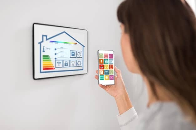 A close-up of a smart thermostat displaying energy usage statistics in a modern living room. Natural light streams in through a large window.