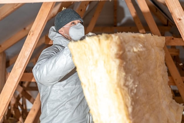 An attic being professionally insulated with spray foam. The worker is wearing protective gear, and the foam is being applied evenly across the rafters.