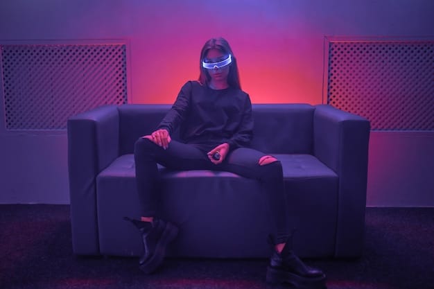 A person wearing a VR headset sitting on a couch, fully immersed in a virtual reality game. The room is dimly lit, adding to the sense of immersion and focus on the VR experience.