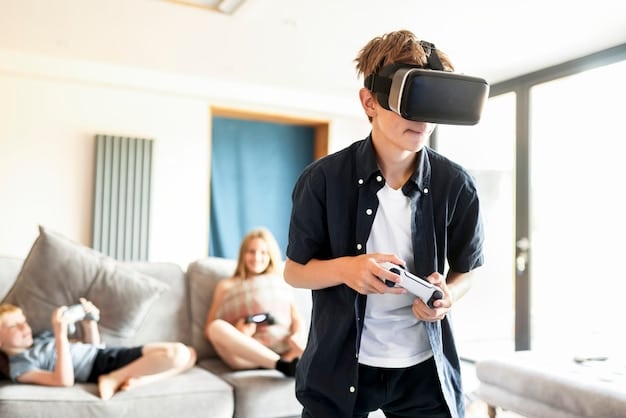A person using a tablet to interact with an augmented reality application in their living room. Digital objects and information are overlaid on the real-world environment, showcasing the blending of digital and physical worlds.