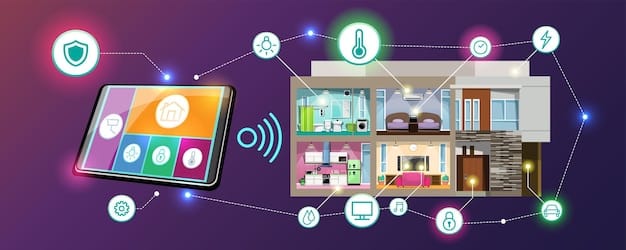 A graphic illustrating a smart home setup with various sensors and devices connected to a central hub, demonstrating how these technologies work together to enhance safety and security for seniors.