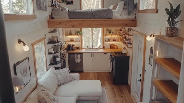 Interior of a well-organized tiny house, showing efficient use of space with multi-functional furniture and natural light.