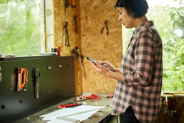A person is using a smartphone app to rent a power drill from a neighbor's garage. The app displays the drill's rental price, availability, and user reviews, with a map interface showing nearby rental options.
