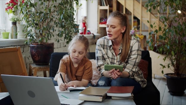 A mother and daughter working together on a homeschooling lesson using a laptop, surrounded by educational books and materials on a desk in a cozy home office.