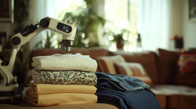 A close-up shot of a robotic arm neatly folding a pile of clothes in a laundry room. The lighting is soft and diffused, emphasizing the precision and dexterity of the robot.