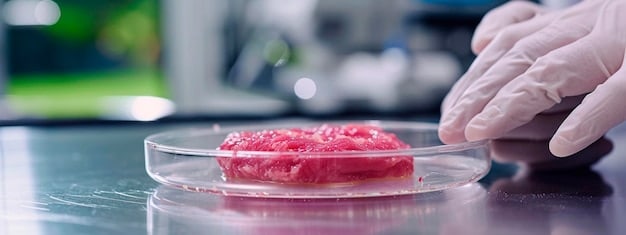 A close-up of lab-grown meat being cultivated in a bioreactor in a clean laboratory setting, emphasizing the sterile and controlled environment of cultured meat production.
