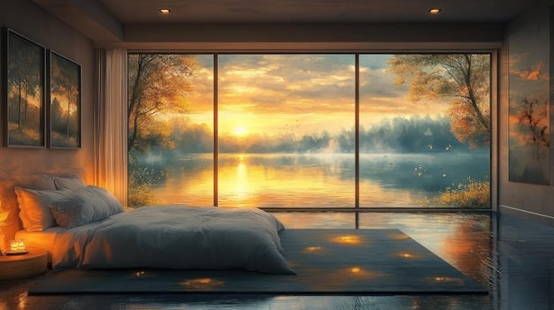 A bedroom with floor-to-ceiling windows offering panoramic views of a sunrise. Soft, diffused light fills the room, creating a serene and peaceful atmosphere. The bedding is light-colored and natural, enhancing the sense of calm.