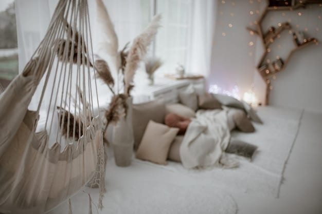 A serene and minimalist meditation room with soft lighting, a comfortable cushion, and a small indoor fountain. The walls are painted in a calming blue color, and there are a few carefully placed plants to enhance the tranquil atmosphere.