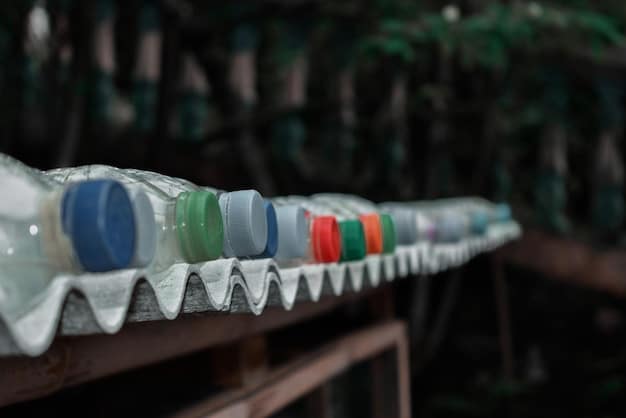 Recycled plastic bottles being processed in a recycling plant, showing the transformation from waste to usable material. The scene emphasizes the process and scale of recycling efforts.