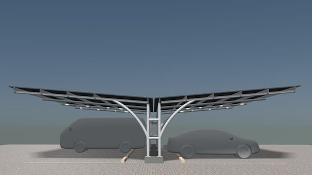 A modern electric vehicle charging station with multiple charging points, connected to a solar panel array, emphasizing the integration of renewable energy and EV infrastructure. The image demonstrates the practicality and sustainability of electric vehicle charging in a near-future setting.