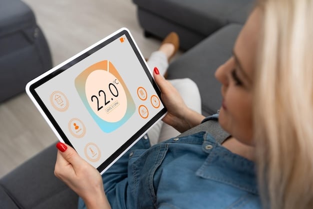 A close-up shot of a smart thermostat displaying real-time energy usage data and temperature settings, emphasizing the control and information it provides to users.