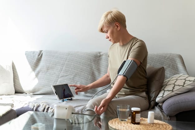 A person measuring their blood pressure at home, with a focus on the digital display showing a healthy reading.