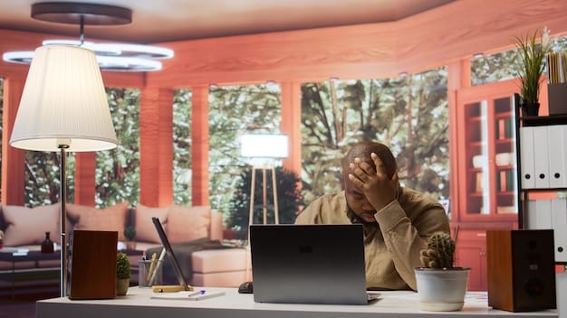 A person sitting at their desk in a modern office, looking stressed and overwhelmed. They are surrounded by stacks of papers, with multiple monitors displaying various tasks. The lighting is dim and the overall atmosphere suggests a high-pressure environment.