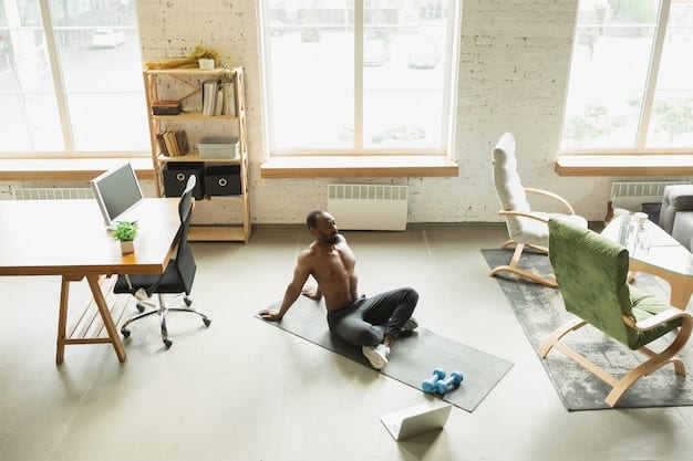 A person sitting in a quiet corner of an office, practicing yoga poses. They are surrounded by plants and soft lighting, creating a serene and calming atmosphere. The person is focused and relaxed, demonstrating a healthy approach to managing workplace stress.