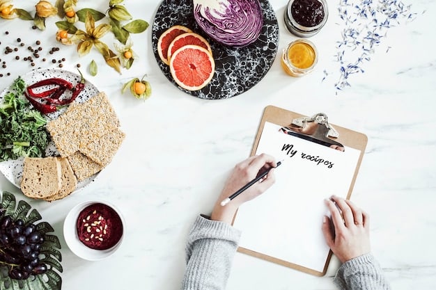 Close-up of a person writing a detailed meal plan on a notepad, surrounded by healthy food items like fresh produce and whole grains. A calendar hangs in the background.