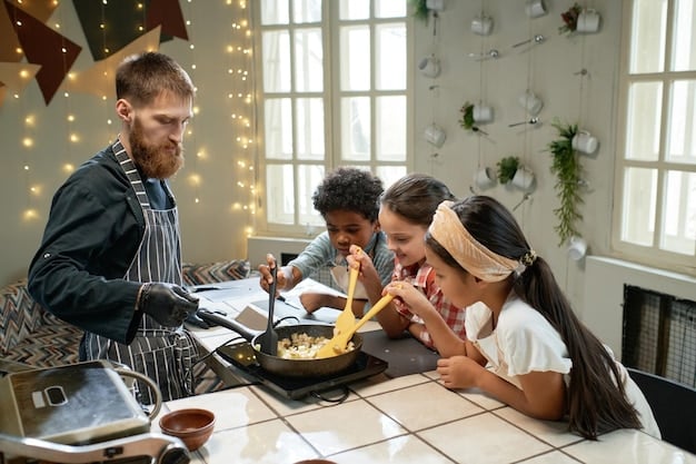 A family of four preparing a meal together in a home kitchen. They are chopping vegetables, stirring pots, and laughing. The atmosphere is warm and inviting.