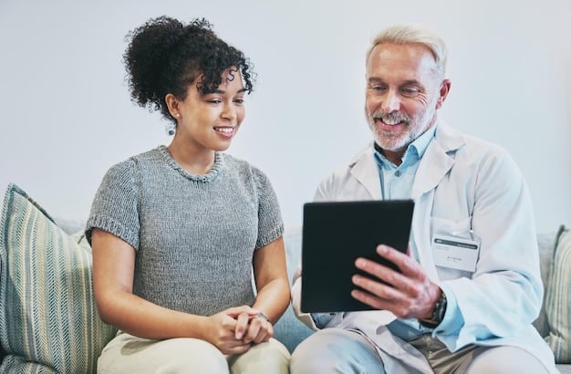 A doctor is talking to a patient with a friendly attitude. They are discussing a health plan on a tablet.
