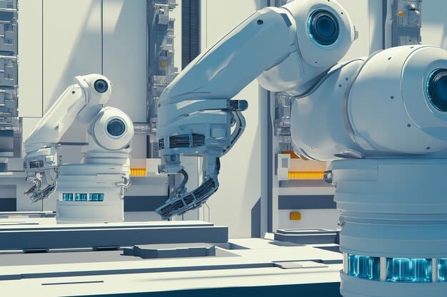 A visual representation of a smart factory, illustrating robots working collaboratively, sensors monitoring production processes, and data being analyzed in real-time, highlighting the benefits of 5G connectivity.