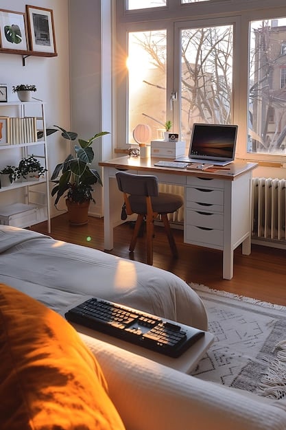 A cozy, minimalist private bedroom in a co-living house. The room has a bed, desk, and storage space, with neutral colors and natural light. The overall feel is clean and inviting, emphasizing privacy and personal space.