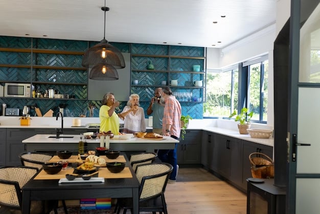 A modern, well-equipped shared kitchen in a co-living space. Multiple residents are cooking and socializing, creating a vibrant and communal atmosphere.