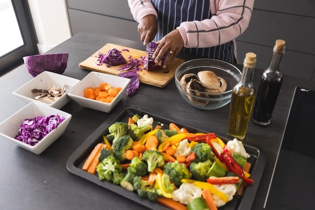 A person preparing a healthy meal with lean protein, vegetables, and complex carbohydrates. The scene conveys a sense of balanced nutrition and mindful eating.