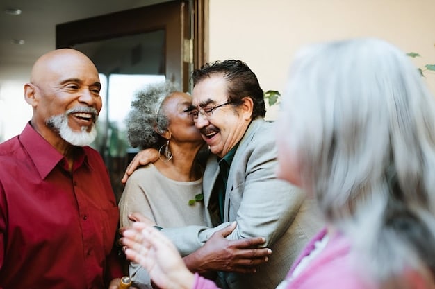 A diverse group of senior citizens smiling and talking in a community center, representing the beneficiaries of Social Security. Bright and cheerful atmosphere.
