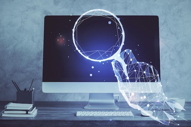 A close-up of a computer screen displaying lines of AI code with a magnifying glass hovering over it, simulating the analysis of AI-driven malware, set against a dark background emphasizing the hidden threat.