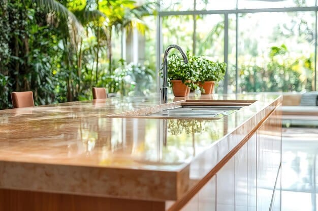 A modern kitchen with countertops made from recycled glass, highlighting the aesthetic appeal and eco-friendliness of the material.