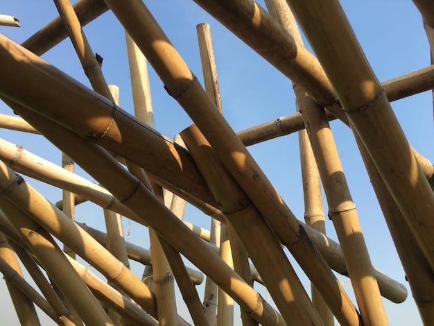 A detailed close-up of bamboo construction, showing the intricate connections and joinery of bamboo poles in a house frame. The image highlights the natural texture and strength of the bamboo, with sunlight filtering through the structure.