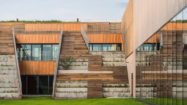 A modern home constructed entirely from recycled plastic bricks and composite lumber. The house features a rainwater harvesting system and a green roof. The image highlights the durability and aesthetic appeal of recycled plastic materials.