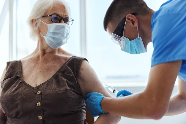 A healthcare provider administering a flu shot to an adult patient. The setting is a brightly lit clinic, and the healthcare provider is wearing gloves and a mask, emphasizing safety and professionalism.